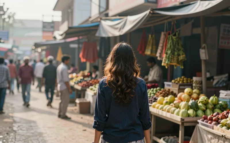 Mujer de espaldas en un mercado callejero concurrido en otro país