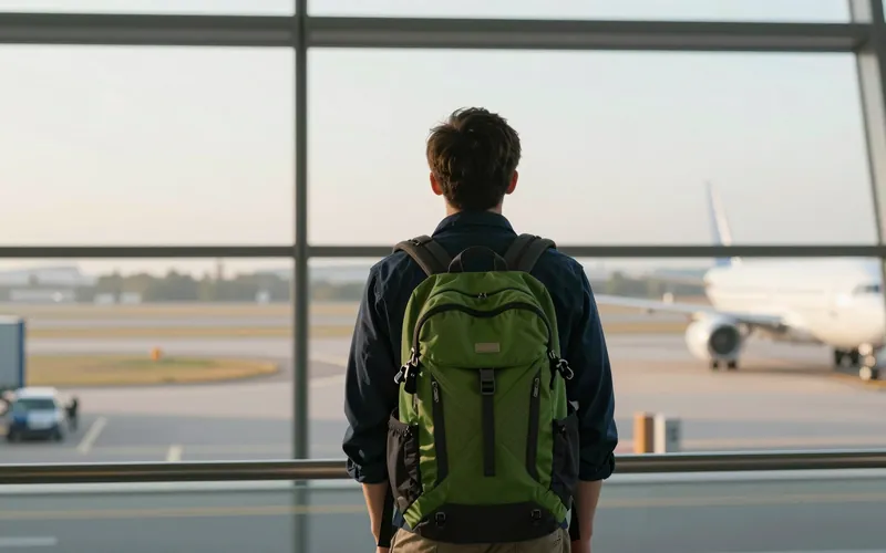 Joven con mochila mirando un avión por la ventana del aeropuerto al amanecer