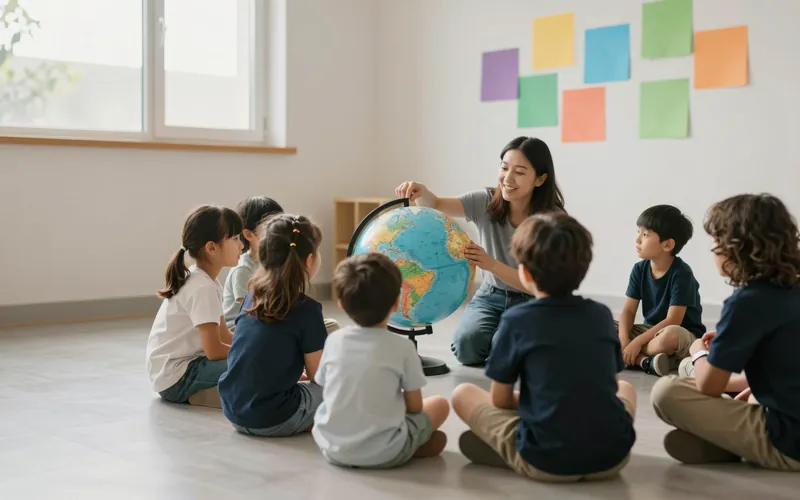 Niños sentados alrededor de un globo en un aula de escuela bíblica