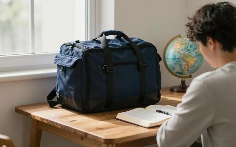 Mochila de viaje, Biblia abierta y globo sobre la mesa de estudio