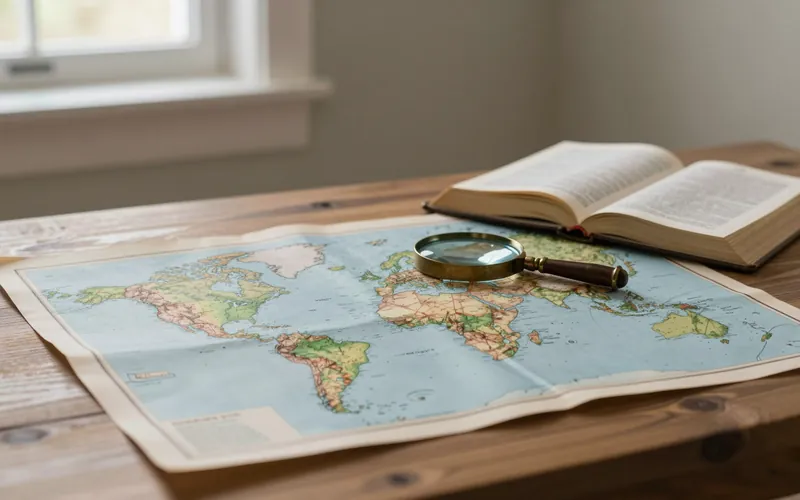 Mapa antiguo, Biblia abierta y brújula sobre una mesa de estudio