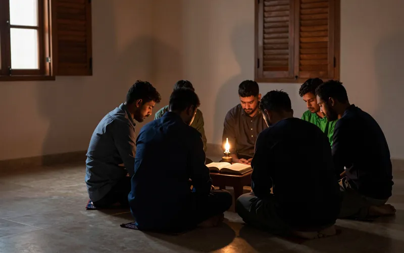 Pequeño grupo orando junto a la luz de velas