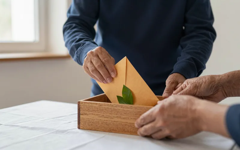 Manos depositando sobres en una caja de ofrendas de madera
