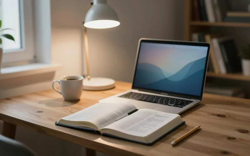 Biblia abierta, cuaderno y portátil en una mesa de estudio en casa